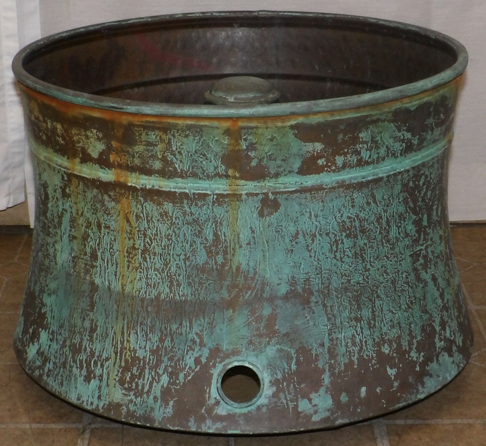Large Copper Water Cooler with Verdigris Patina: Large Copper Water Cooler with Verdigris Patina . 14" H 19 1/2" Dia. "ALL DESCRIPTIONS AND ANY CONDITION STATEMENT GIVEN BY LANGSTON AUCTION GALLERY ARE STRICTLY OPINIONS AND LANGSTON'S SHALL HAVE NO