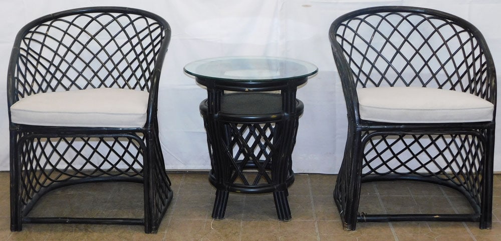 Pair of Painted Rattan Arm Chairs & Glass Top Table: Pair of Painted Rattan Arm Chairs & Glass Top Table . Up to 33" H 26" W 28" D "ALL DESCRIPTIONS AND ANY CONDITION STATEMENT GIVEN BY LANGSTON AUCTION GALLERY ARE STRICTLY OPINIONS AND LANGSTON'S