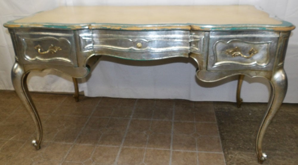 Painted French Style Serpentine Front Desk by Weiman: Painted French Style Serpentine Front Desk by Weiman. 30" H 53 1/4" W 25 3/4" D "ALL DESCRIPTIONS AND ANY CONDITION STATEMENT GIVEN BY LANGSTON AUCTION GALLERY ARE STRICTLY OPINIONS AND LANGSTON'S
