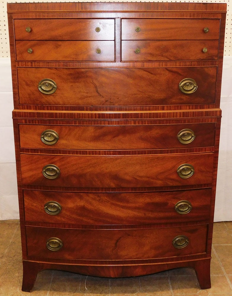 Bow Front Mahogany Two Over Two Over Five Chest by Hellam Furniture: Bow Front Mahogany Two Over Two Over Five Chest by Hellam Furniture. 53" H 35 1/2" W 19 1/2" D "ALL DESCRIPTIONS AND ANY CONDITION STATEMENT GIVEN BY LANGSTON AUCTION GALLERY ARE STRICTLY OPINIONS