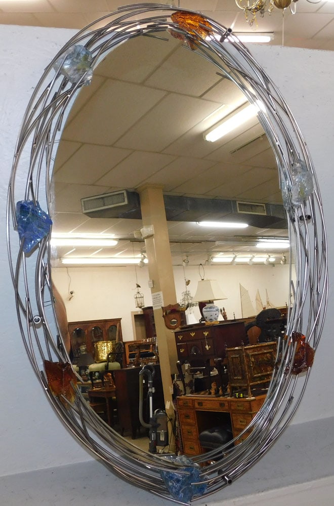 Modern Glass Rock & Metal Frame Mirror by Girardini Design: Modern Glass Rock & Metal Frame Mirror by Girardini Design. 41" x 27 1/2" "ALL DESCRIPTIONS AND ANY CONDITION STATEMENT GIVEN BY LANGSTON AUCTION GALLERY ARE STRICTLY OPINIONS AND LANGSTON'S SHALL
