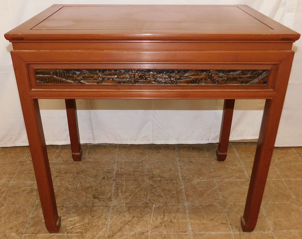 Oriental Carved Teak Wood Game Table with Pull Out Slides: Oriental Carved Teak Wood Game Table with Pull Out Slides. 28 1/2" H 30" W 20" D "ALL DESCRIPTIONS AND ANY CONDITION STATEMENT GIVEN BY LANGSTON AUCTION GALLERY ARE STRICTLY OPINIONS AND LANGSTON'S SH