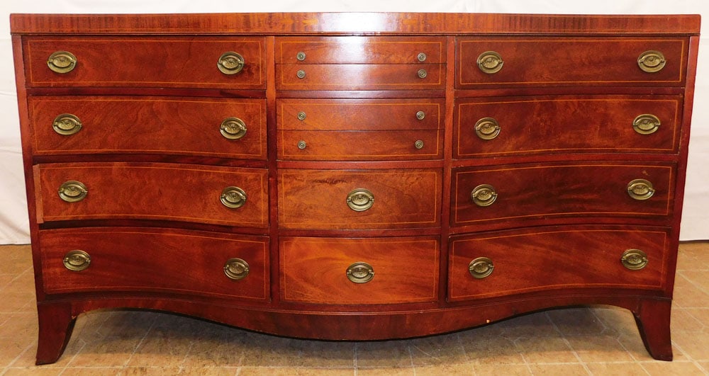 Mahogany Inlaid Serpentine Front Fourteen Drawer Dresser by Hellam Furniture: Mahogany Inlaid Serpentine Front Fourteen Drawer Dresser by Hellam Furniture. 36" H 66" W 22" D "ALL DESCRIPTIONS AND ANY CONDITION STATEMENT GIVEN BY LANGSTON AUCTION GALLERY ARE STRICTLY OPINIONS