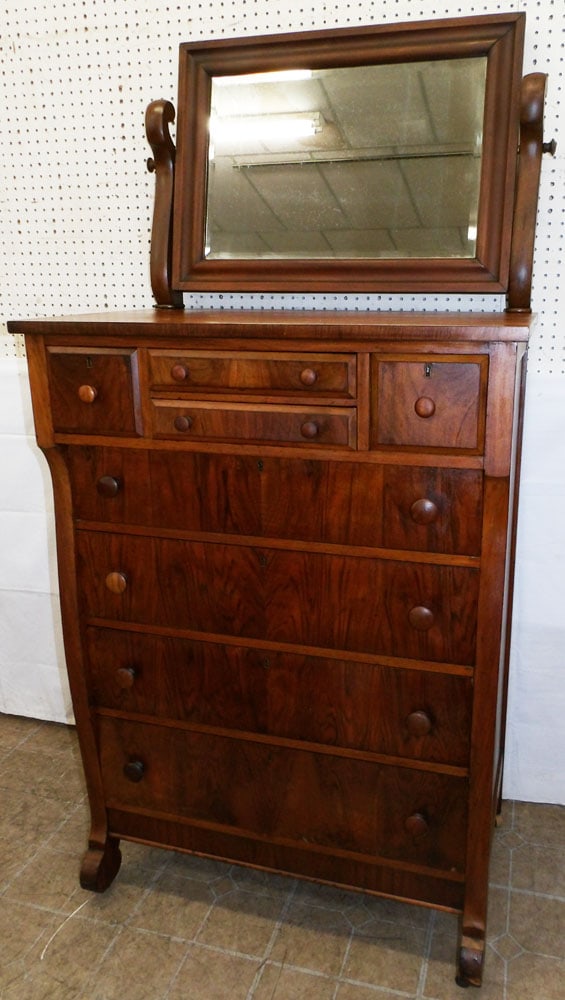 Antique Walnut Dresser with Mirror: Antique Walnut Dresser with Mirror. 70 3/4" H 34" W 21 1/4" D "ALL DESCRIPTIONS AND ANY CONDITION STATEMENT GIVEN BY LANGSTON AUCTION GALLERY ARE STRICTLY OPINIONS AND LANGSTON'S SHALL HAVE NO