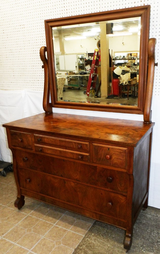 Antique Walnut Dresser with Mirror: Antique Walnut Dresser with Mirror . 69 1/2" H 46" W 23" D "ALL DESCRIPTIONS AND ANY CONDITION STATEMENT GIVEN BY LANGSTON AUCTION GALLERY ARE STRICTLY OPINIONS AND LANGSTON'S SHALL HAVE NO