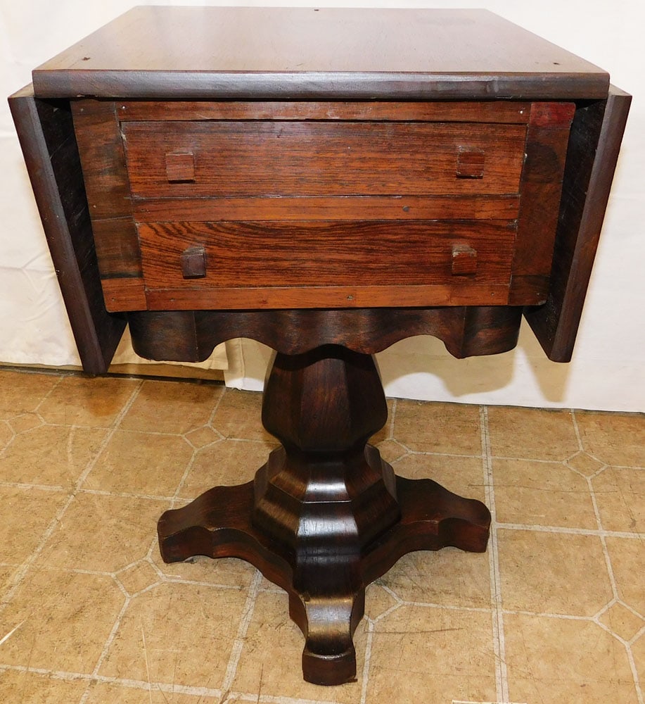 19th Century Rosewood Two Drawer Drop Leaf Stand: 19th Century Rosewood Two Drawer Drop Leaf Stand . 25 1/2" H 17 1/2" W 16" D "ALL DESCRIPTIONS AND ANY CONDITION STATEMENT GIVEN BY LANGSTON AUCTION GALLERY ARE STRICTLY OPINIONS AND LANGSTON'S SHALL
