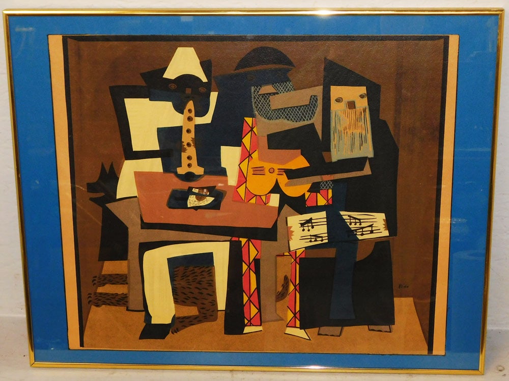Framed Mid Century Modern Colored Reproduction Print of Picasso, "Three Musicians" (1 of 5)