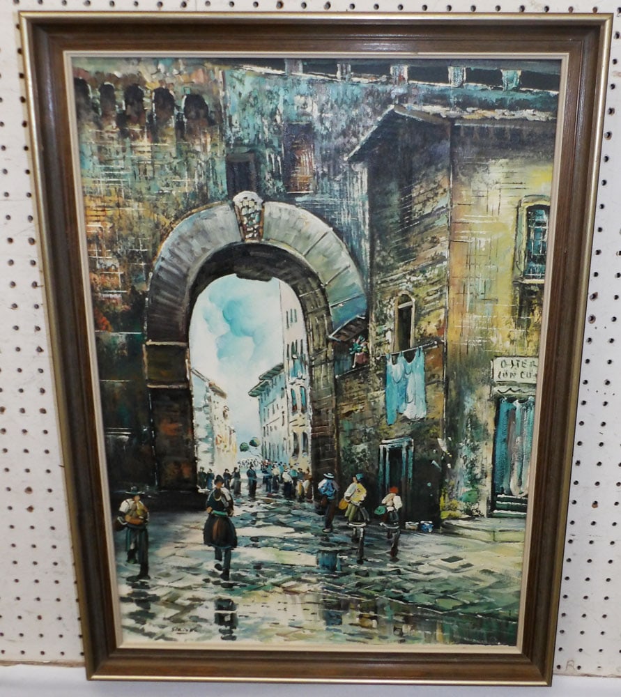 Framed Oil on Canvas French Street Scene Artist Signed: Framed Oil on Canvas French Street Scene Artist Signed . 30 1/4" x 22 1/2" "ALL DESCRIPTIONS AND ANY CONDITION STATEMENT GIVEN BY LANGSTON AUCTION GALLERY ARE STRICTLY OPINIONS AND LANGSTON'S SHALL HA