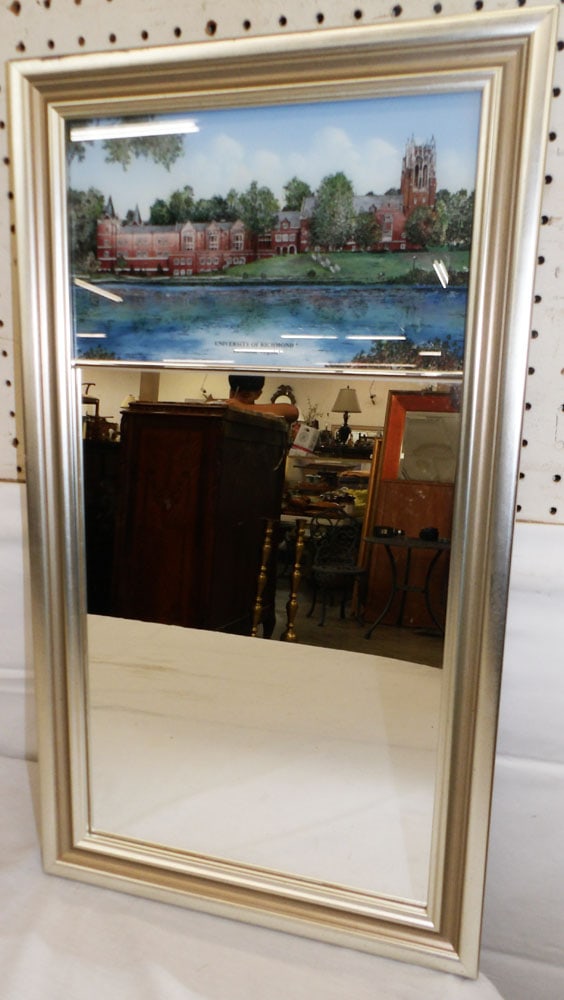 Framed Trumeau Mirror with Painted Glass Panel of the University of Richmond: Framed Trumeau Mirror with Painted Glass Panel of the University of Richmond. 26" x 14 3/4" "ALL DESCRIPTIONS AND ANY CONDITION STATEMENT GIVEN BY LANGSTON AUCTION GALLERY ARE STRICTLY OPINIONS AND LA