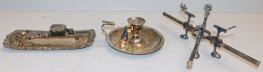 Lot of Silverplated Items: Lot of Silverplated Items . Up to 12 1/2" L "ALL DESCRIPTIONS AND ANY CONDITION STATEMENT GIVEN BY LANGSTON AUCTION GALLERY ARE STRICTLY OPINIONS AND LANGSTON'S SHALL HAVE NO RESPONSIBILITY FOR ERRORS