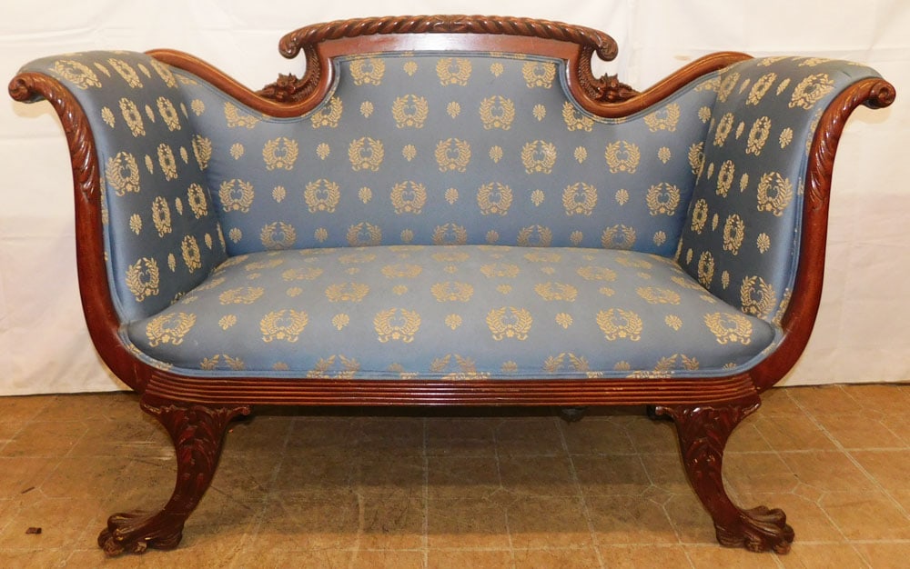 Antique Carved Mahogany & Upholstered Federal Style Settee with Claw Feet (1 of 5)