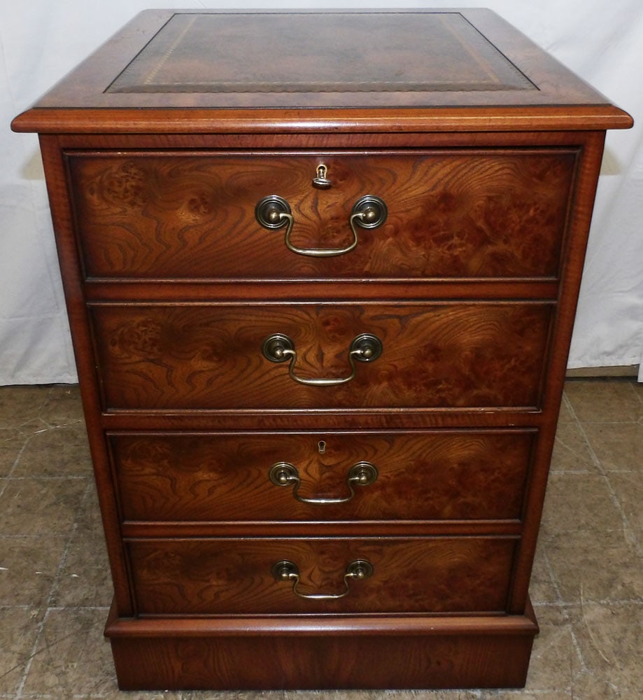 Burled Elm Wood & Tooled Leather Top Two Drawer Filing Cabinet: Burled Elm Wood & Tooled Leather Top Two Drawer Filing Cabinet . 30 1/4" H 21 1/2" W 24 1/2" D "ALL DESCRIPTIONS AND ANY CONDITION STATEMENT GIVEN BY LANGSTON AUCTION GALLERY ARE STRICTLY OPINIONS