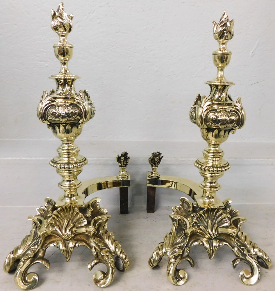 Pair of Antique Polished Cast Brass Andirons: Pair of Antique Polished Cast Brass Andirons . 20" H 10 1/4" W 12 1/2" D "ALL DESCRIPTIONS AND ANY CONDITION STATEMENT GIVEN BY LANGSTON AUCTION GALLERY ARE STRICTLY OPINIONS AND LANGSTON'S SHALL HAVE