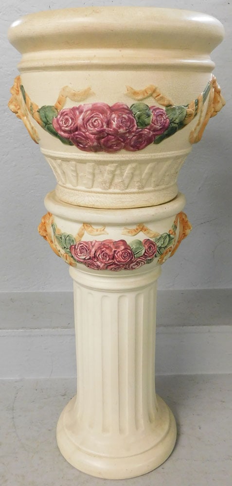 Unsigned Weller Jardiniere & Pedestal with Lion Head Motif: Unsigned Weller Jardiniere & Pedestal with Lion Head Motif . 35" H 15" Dia. "ALL DESCRIPTIONS AND ANY CONDITION STATEMENT GIVEN BY LANGSTON AUCTION GALLERY ARE STRICTLY OPINIONS AND LANGSTON'S SHALL