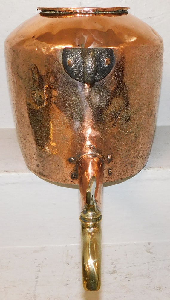 19th Century Copper & Brass Pot with Spout: 19th Century Copper & Brass Pot with Spout . 10" H 19 1/2" W "ALL DESCRIPTIONS AND ANY CONDITION STATEMENT GIVEN BY LANGSTON AUCTION GALLERY ARE STRICTLY OPINIONS AND LANGSTON'S SHALL HAVE NO