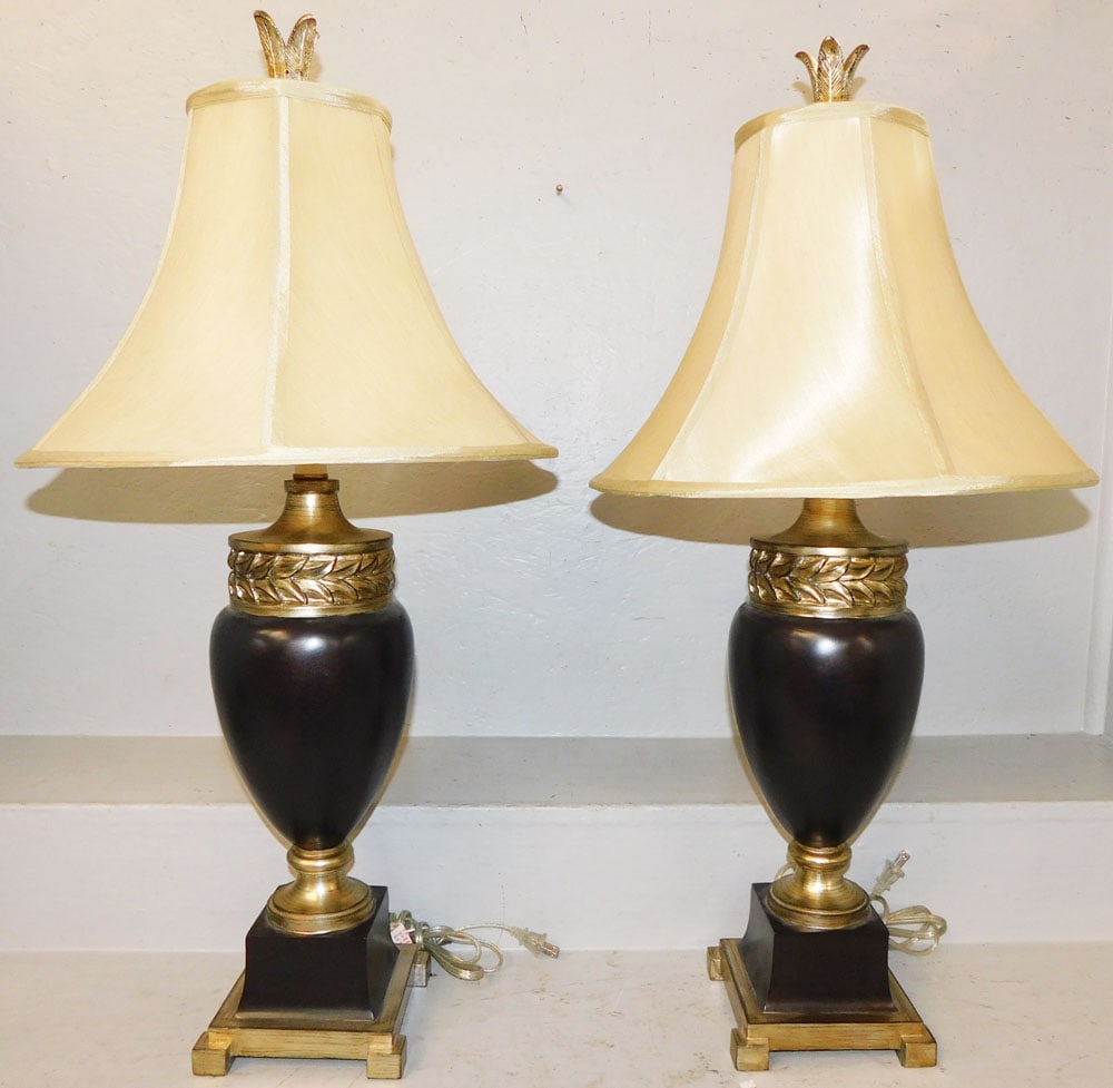 Pair of Decorative Gilded Urn Form Lamps: Pair of Decorative Gilded Urn Form Lamps . 32 1/2" H 16" Dia. "ALL DESCRIPTIONS AND ANY CONDITION STATEMENT GIVEN BY LANGSTON AUCTION GALLERY ARE STRICTLY OPINIONS AND LANGSTON'S SHALL HAVE NO