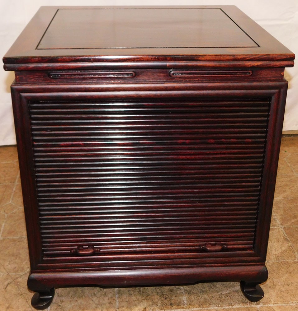 Oriental Rosewood Tambour Door Cabinet with Fitted Interior: Oriental Rosewood Tambour Door Cabinet with Fitted Interior . 22 1/4" H 20" W 20" D "ALL DESCRIPTIONS AND ANY CONDITION STATEMENT GIVEN BY LANGSTON AUCTION GALLERY ARE STRICTLY OPINIONS AND