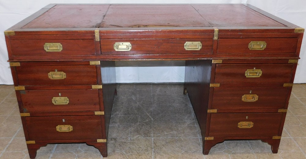 19th Century Mahogany & Brass Bound Campaign Three Part Desk with Tooled Leather Top: 19th Century Mahogany & Brass Bound Campaign Three Part Desk with Tooled Leather Top. 29 3/4" H 58 3/4" W 34 1/2" D "ALL DESCRIPTIONS AND ANY CONDITION STATEMENT GIVEN BY LANGSTON AUCTION GALLERY ARE