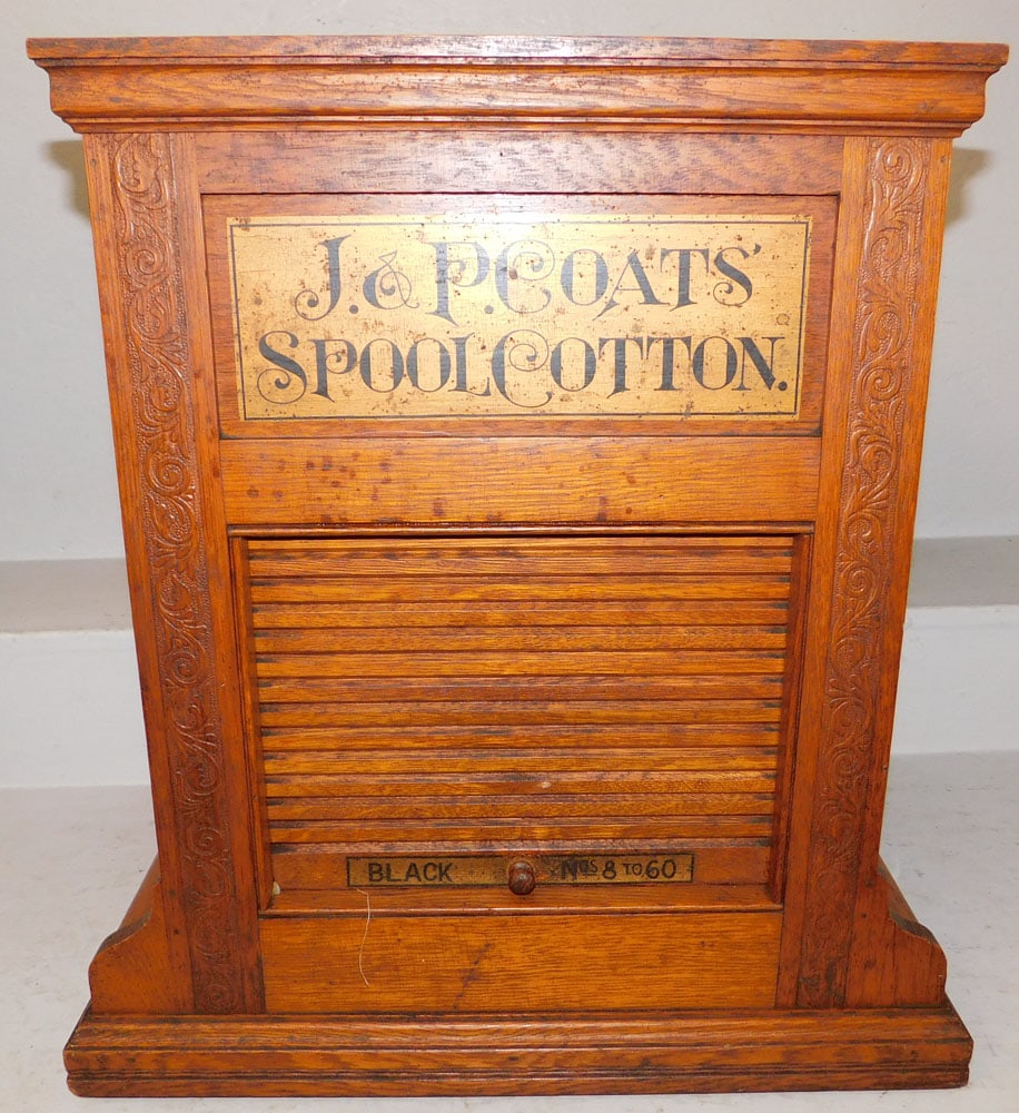Antique Oak J & P Coates Revolving Spool Cabinet: Antique Oak J & P Coates Revolving Spool Cabinet . 23" H 16" W 21" D "ALL DESCRIPTIONS AND ANY CONDITION STATEMENT GIVEN BY LANGSTON AUCTION GALLERY ARE STRICTLY OPINIONS AND LANGSTON'S SHALL HAVE NO