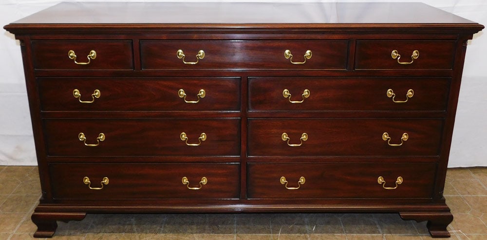 Mahogany Nine Drawer Dresser with Fluted Corner Columns by Henkel Harris: Mahogany Nine Drawer Dresser with Fluted Corner Columns by Henkel Harris . 34 1/2" H 66 1/4" W 22" D "ALL DESCRIPTIONS AND ANY CONDITION STATEMENT GIVEN BY LANGSTON AUCTION GALLERY ARE STRICTLY