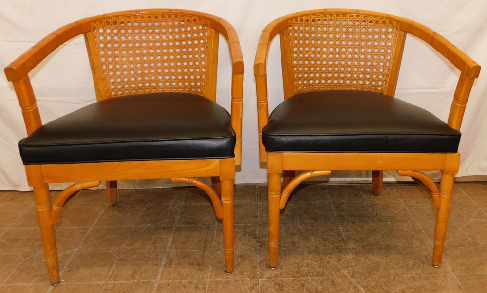 Pair of Maple Cane Back & Leather Seat Faux Bamboo Arm Chairs (1 of 7)