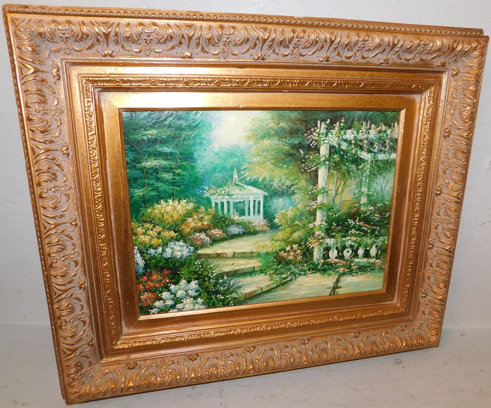 Framed Oil on Canvas Garden Scene: Framed Oil on Canvas Garden Scene . 21" x 24 3/4" "ALL DESCRIPTIONS AND ANY CONDITION STATEMENT GIVEN BY LANGSTON AUCTION GALLERY ARE STRICTLY OPINIONS AND LANGSTON'S SHALL HAVE NO RESPONSIBILITY FOR