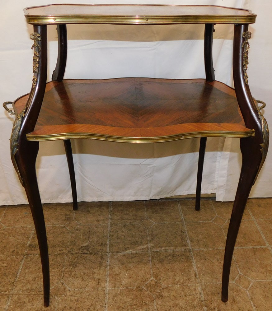 Antique Rosewood French Brass Ormolu Two Tier Dumbwaiter: Antique Rosewood French Brass Ormolu Two Tier Dumbwaiter . 32" H 29" W 18 1/2" D "ALL DESCRIPTIONS AND ANY CONDITION STATEMENT GIVEN BY LANGSTON AUCTION GALLERY ARE STRICTLY OPINIONS AND LANGSTON'S