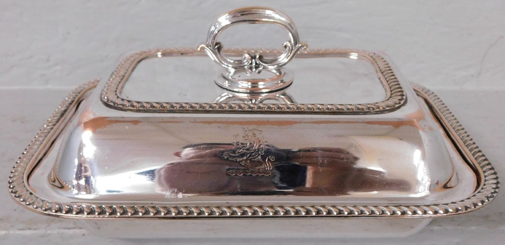 Sheffield Covered Dish: Sheffield Covered Dish. 4 1/2" H 10" W 7 3/4" D "ALL DESCRIPTIONS AND ANY CONDITION STATEMENT GIVEN BY LANGSTON AUCTION GALLERY ARE STRICTLY OPINIONS AND LANGSTON'S SHALL HAVE NO RESPONSIBILITY FOR