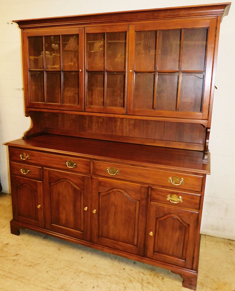 Cherry Two Piece Step Back Hutch with Glass Doors by Henkel Harris: Cherry Two Piece Step Back Hutch with Glass Doors by Henkel Harris . 76 1/2" H 67 1/2" W 20 1/2" D "ALL DESCRIPTIONS AND ANY CONDITION STATEMENT GIVEN BY LANGSTON AUCTION GALLERY ARE STRICTLY