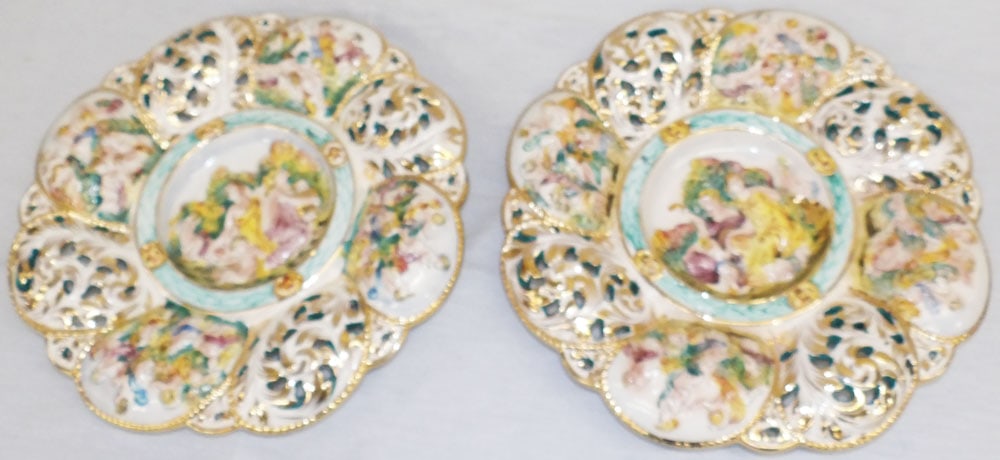 Pair of Painted Porcelain Capodimonte Footed Chargers (1 of 7)