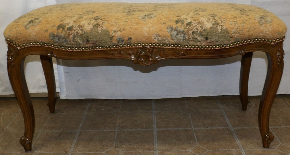 Painted Carved Wood & Upholstered Top Bench: Painted Carved Wood & Upholstered Top Bench . 19" H 35 1/2" W 14 1/4" D "ALL DESCRIPTIONS AND ANY CONDITION STATEMENT GIVEN BY LANGSTON AUCTION GALLERY ARE STRICTLY OPINIONS AND LANGSTON'S SHALL HAVE