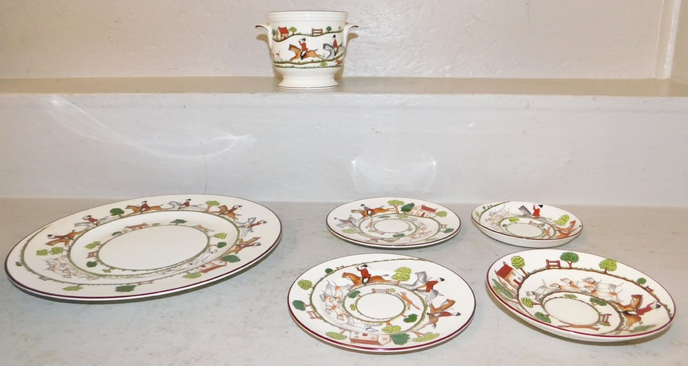 Six Pieces of Staffordshire English Hunting Scene China: Six Pieces of Staffordshire English Hunting Scene China. Up to 10 3/4" Dia. "ALL DESCRIPTIONS AND ANY CONDITION STATEMENT GIVEN BY LANGSTON AUCTION GALLERY ARE STRICTLY OPINIONS AND LANGSTON'S SHALL