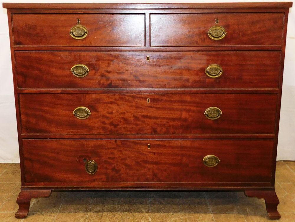 19th Century Mahogany Two Over Three Drawer Chest with Brass Hardware: 19th Century Mahogany Two Over Three Drawer Chest with Brass Hardware. 39 3/4" H 48 1/2" W 21" D "ALL DESCRIPTIONS AND ANY CONDITION STATEMENT GIVEN BY LANGSTON AUCTION GALLERY ARE STRICTLY OPINIONS