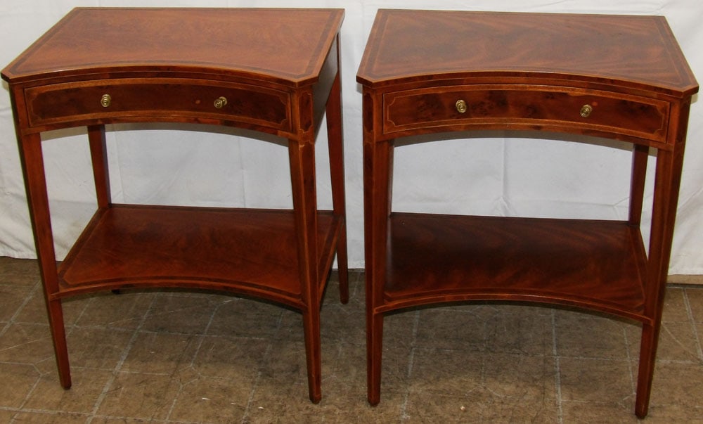 Pair of Mahogany & Burled Yew Wood Inlaid Two Tier Neoclassical One Drawer Stands by Maitland Smith: Pair of Mahogany & Burled Yew Wood Inlaid Two Tier Neoclassical One Drawer Stands by Maitland Smith. 27" H 22 3/4" W 17" D "ALL DESCRIPTIONS AND ANY CONDITION STATEMENT GIVEN BY LANGSTON AUCTION GALLE