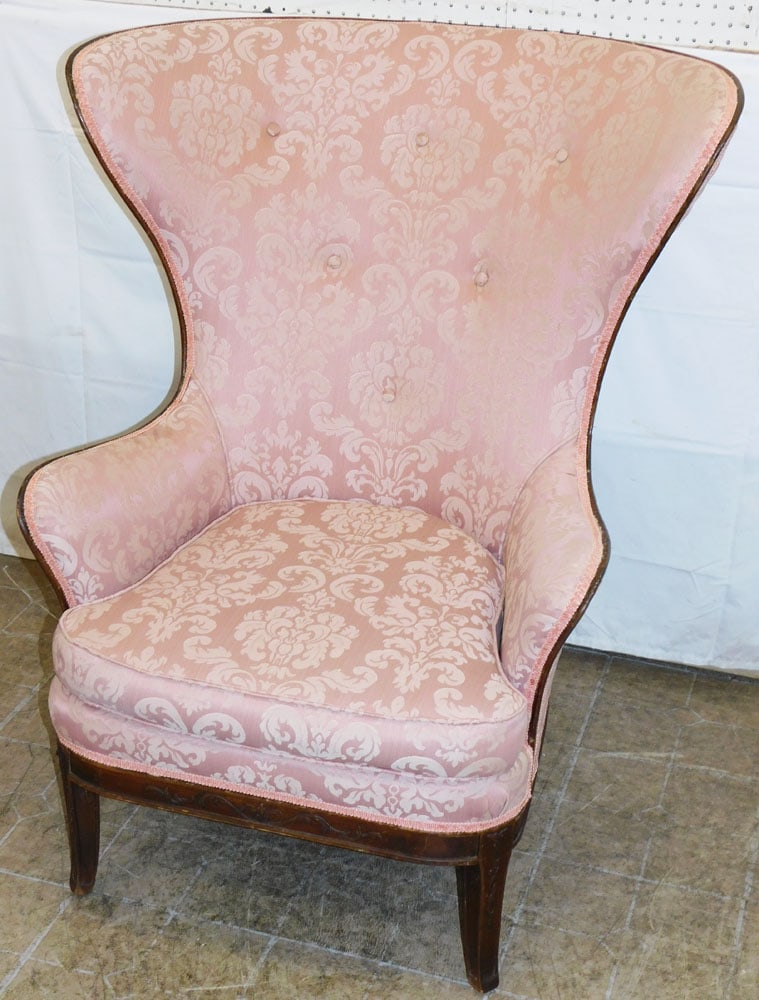 Antique High Back Art Deco Mahogany & Pink Damask Upholstered Wingback Chair: Antique High Back Art Deco Mahogany & Pink Damask Upholstered Wingback Chair . 44 1/2" H 36" W 23" D "ALL DESCRIPTIONS AND ANY CONDITION STATEMENT GIVEN BY LANGSTON AUCTION GALLERY ARE STRICTLY