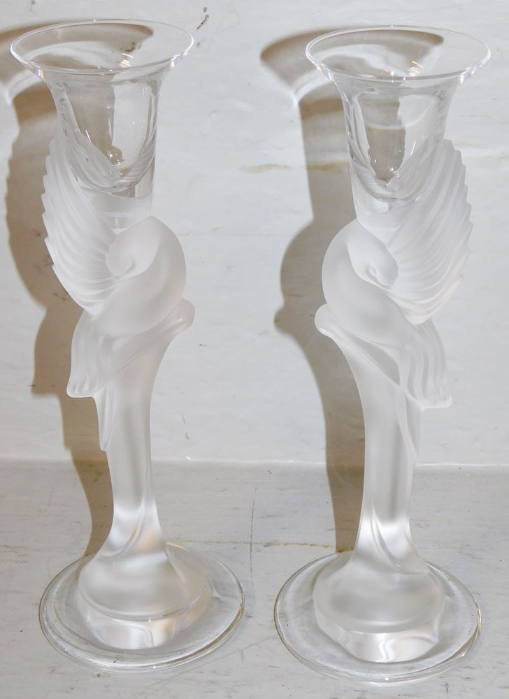Pair of Fabergé Crystal Dove Candle Holders in Original Box: Pair of Fabergé Crystal Dove Candle Holders in Original Box . 9 1/2" H "ALL DESCRIPTIONS AND ANY CONDITION STATEMENT GIVEN BY LANGSTON AUCTION GALLERY ARE STRICTLY OPINIONS AND LANGSTON'S SHALL H