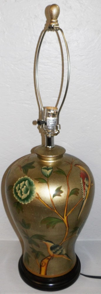 Decorative Paint Decorated Lamp with Bird Motif: Decorative Paint Decorated Lamp with Bird Motif. 28 1/4" H 9 1/2" Dia. "ALL DESCRIPTIONS AND ANY CONDITION STATEMENT GIVEN BY LANGSTON AUCTION GALLERY ARE STRICTLY OPINIONS AND LANGSTON'S SHALL HAVE
