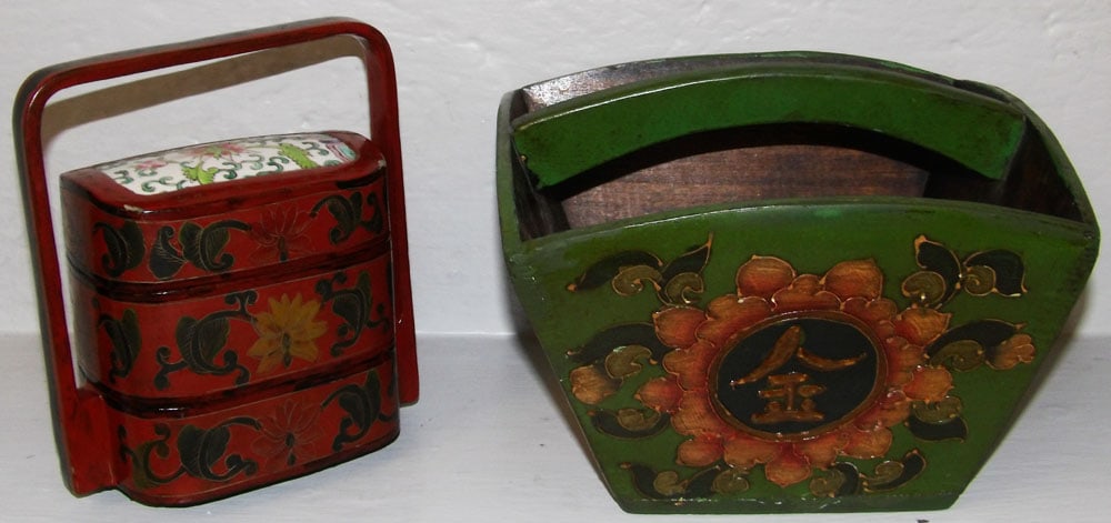 Chinese Painted Three Tiered Bento Lunch Box & Chinese Painted Wood Rice Bucket (1 of 9)