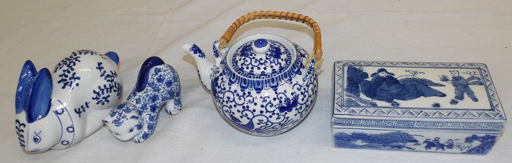 Lot of Oriental Blue & White Porcelain Items: Lot of Oriental Blue & White Porcelain Items . Up to 5" H 7 1/4" W "ALL DESCRIPTIONS AND ANY CONDITION STATEMENT GIVEN BY LANGSTON AUCTION GALLERY ARE STRICTLY OPINIONS AND LANGSTON'S SHALL HAVE NO RE