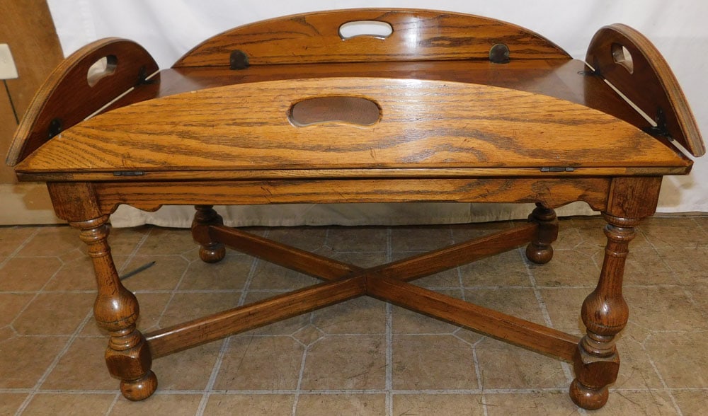Oak Butlers Tray Top Tea Table by Ethan Allen: Oak Butlers Tray Top Tea Table by Ethan Allen . 35 1/2" H 22 1/2" W 21 1/2" D "ALL DESCRIPTIONS AND ANY CONDITION STATEMENT GIVEN BY LANGSTON AUCTION GALLERY ARE STRICTLY OPINIONS AND LANGSTON'S