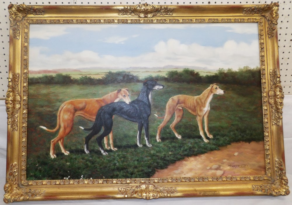Oil on Canvas of Whippets Artist Signed: Oil on Canvas of Whippets Artist Signed . 29 1/4" x 41 1/4" "ALL DESCRIPTIONS AND ANY CONDITION STATEMENT GIVEN BY LANGSTON AUCTION GALLERY ARE STRICTLY OPINIONS AND LANGSTON'S SHALL HAVE NO