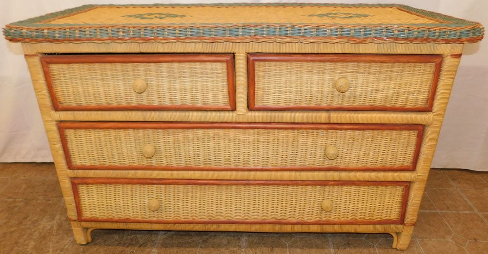 Painted Wicker Two Over Two Drawer Chest: Painted Wicker Two Over Two Drawer Chest . 29 1/4" H 48" W 20" D "ALL DESCRIPTIONS AND ANY CONDITION STATEMENT GIVEN BY LANGSTON AUCTION GALLERY ARE STRICTLY OPINIONS AND LANGSTON'S SHALL HAVE NO RESP