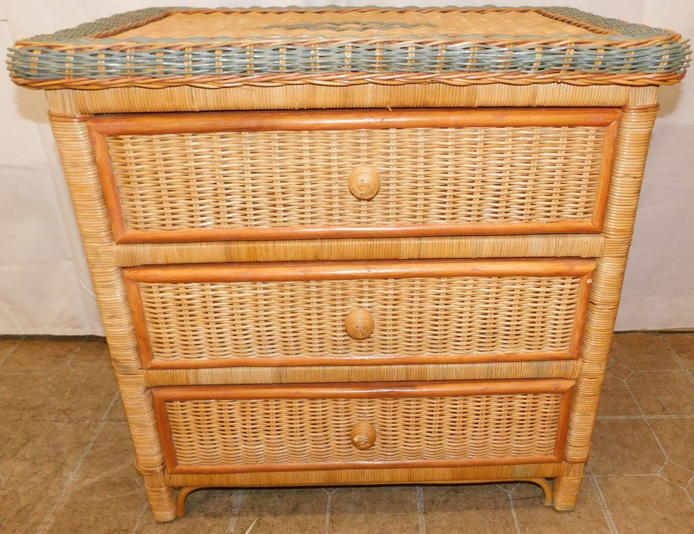 Painted Wicker Three Drawer Night Stand: Painted Wicker Three Drawer Night Stand . 28 3/4" H 30" W 20" D "ALL DESCRIPTIONS AND ANY CONDITION STATEMENT GIVEN BY LANGSTON AUCTION GALLERY ARE STRICTLY OPINIONS AND LANGSTON'S SHALL HAVE NO RESPO