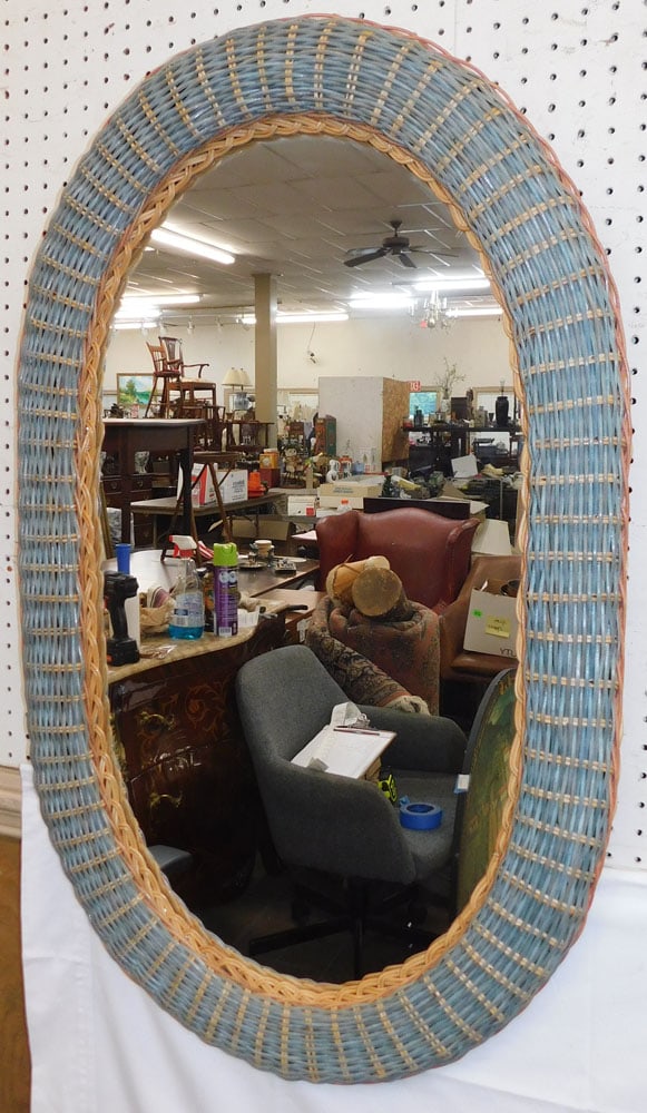Painted Wicker Oval Mirror: Painted Wicker Oval Mirror. 39" x 23" "ALL DESCRIPTIONS AND ANY CONDITION STATEMENT GIVEN BY LANGSTON AUCTION GALLERY ARE STRICTLY OPINIONS AND LANGSTON'S SHALL HAVE NO RESPONSIBILITY FOR ERRORS OR OM