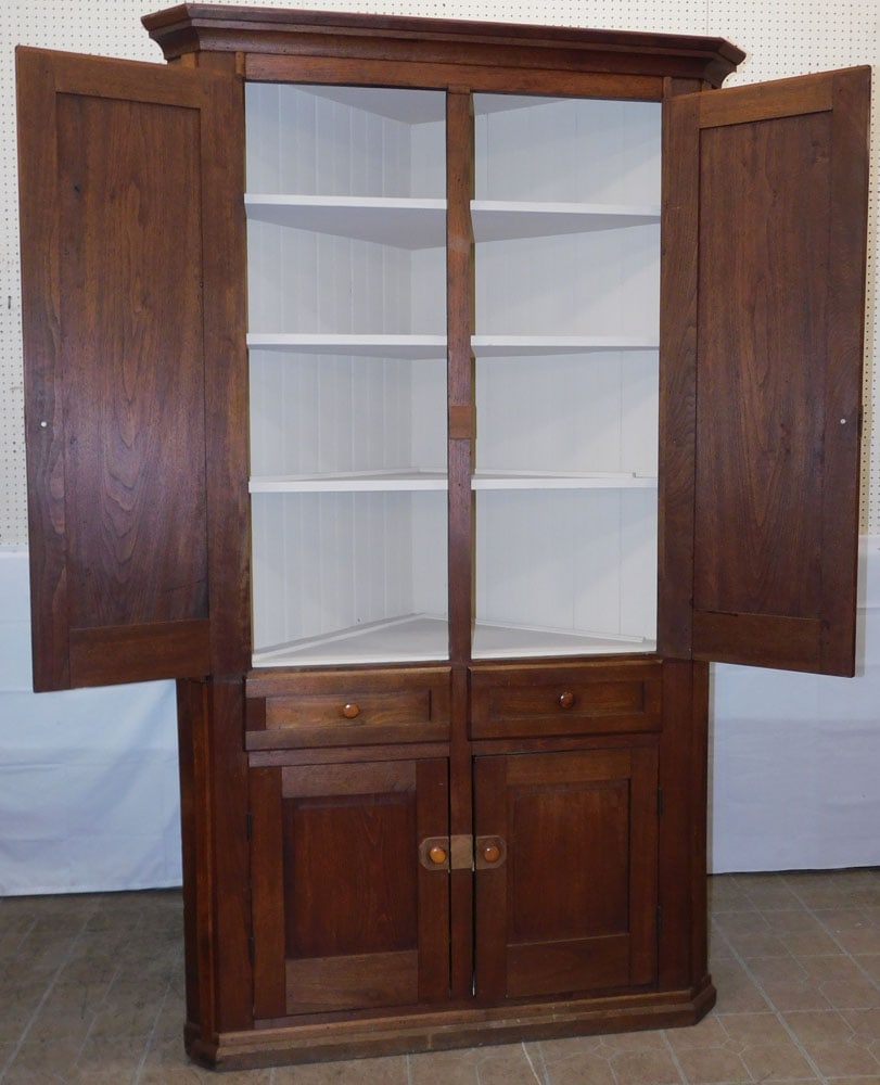 Antique Walnut Two Piece Panel Door Corner Cupboard - 6