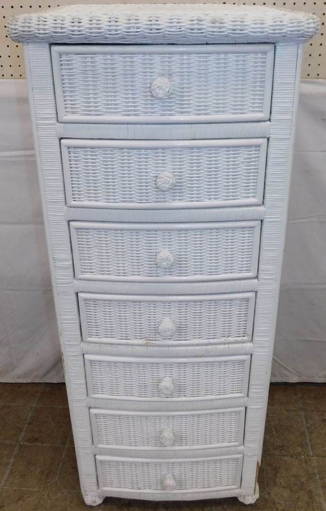 Painted Wicker Seven Drawer Chest: Painted Wicker Seven Drawer Chest . 50" H 21" W 18 1/2" D "ALL DESCRIPTIONS AND ANY CONDITION STATEMENT GIVEN BY LANGSTON AUCTION GALLERY ARE STRICTLY OPINIONS AND LANGSTON'S SHALL HAVE NO RESPONSIBIL