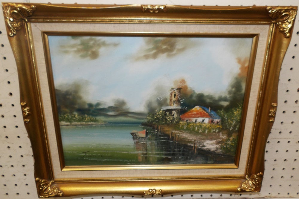 Framed Oil on Canvas Windmill Scene Artist Signed: Framed Oil on Canvas Windmill Scene Artist Signed . 16" x 20" "ALL DESCRIPTIONS AND ANY CONDITION STATEMENT GIVEN BY LANGSTON AUCTION GALLERY ARE STRICTLY OPINIONS AND LANGSTON'S SHALL HAVE NO