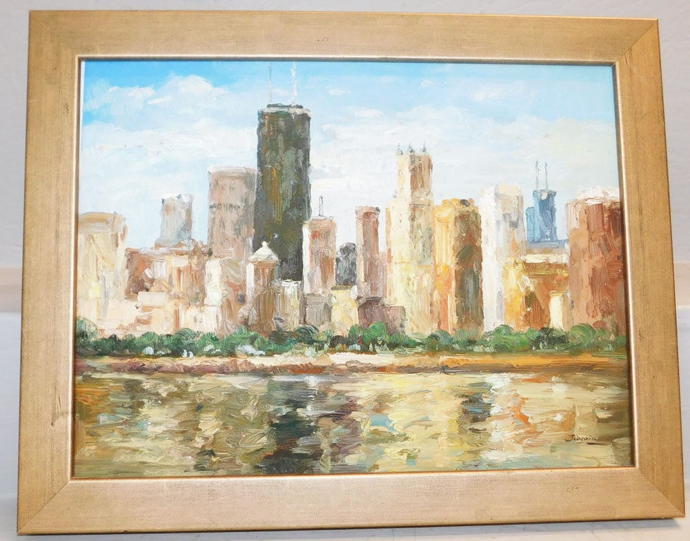 Framed Oil on Canvas of City Skyline: Framed Oil on Canvas of City Skyline . 15" x 19" "ALL DESCRIPTIONS AND ANY CONDITION STATEMENT GIVEN BY LANGSTON AUCTION GALLERY ARE STRICTLY OPINIONS AND LANGSTON'S SHALL HAVE NO RESPONSIBILITY FOR