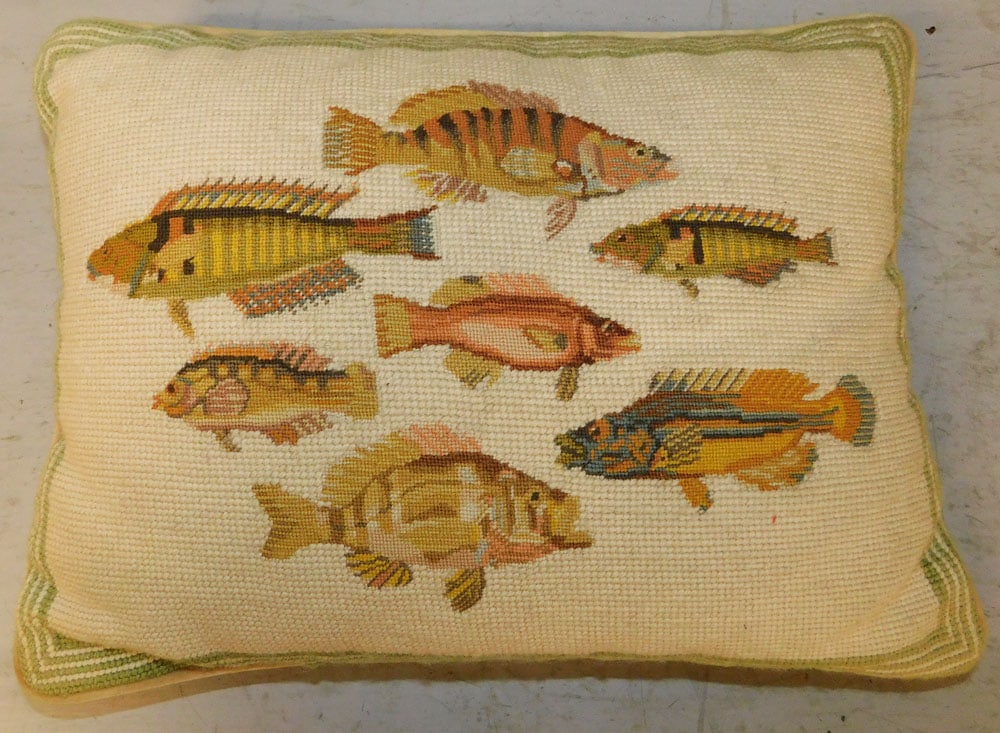 Needlework Pillow with Fish Motif: Needlework Pillow with Fish Motif . 15" x 11" "ALL DESCRIPTIONS AND ANY CONDITION STATEMENT GIVEN BY LANGSTON AUCTION GALLERY ARE STRICTLY OPINIONS AND LANGSTON'S SHALL HAVE NO RESPONSIBILITY FOR