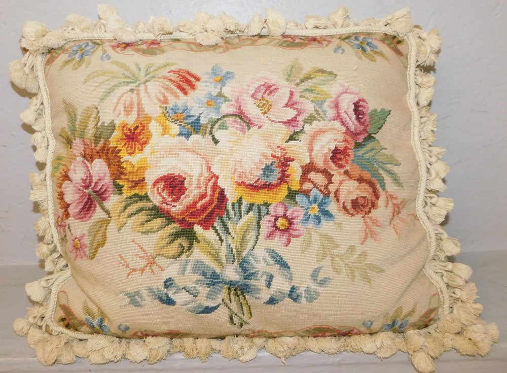 Needlework Pillow: Needlework Pillow . 21" x 16 1/2" "ALL DESCRIPTIONS AND ANY CONDITION STATEMENT GIVEN BY LANGSTON AUCTION GALLERY ARE STRICTLY OPINIONS AND LANGSTON'S SHALL HAVE NO RESPONSIBILITY FOR ERRORS OR
